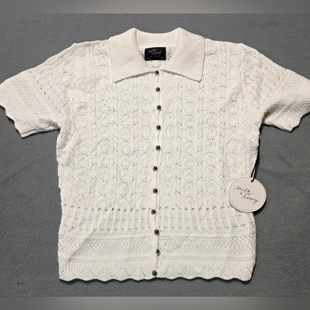 NWT Milk & Honey Crotchet Cable Elegant Cream Women's Cardigan Size Large 21 - Picture 2 of 5
